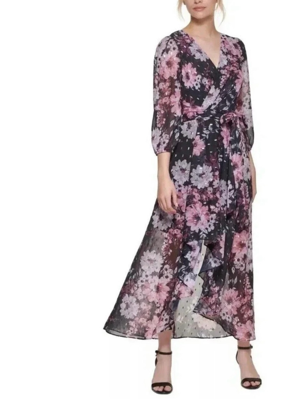 Eliza J Floral Metallic V Neck Puff Sleeve Tie Waist Gown Dress